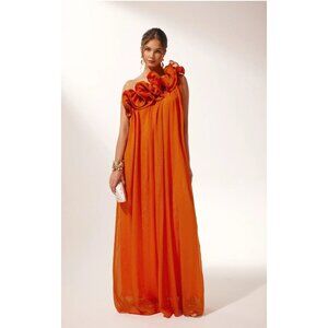 Sunfere Hedda One-shoulder Ruffle Maxi Dress Orange Metallic Chiffon Medium